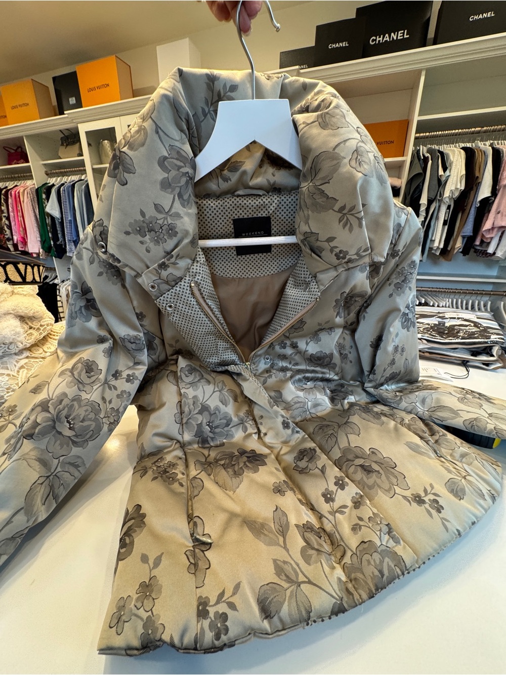 Weekend Max Mara Beige Floral Quilted Puffer Coat